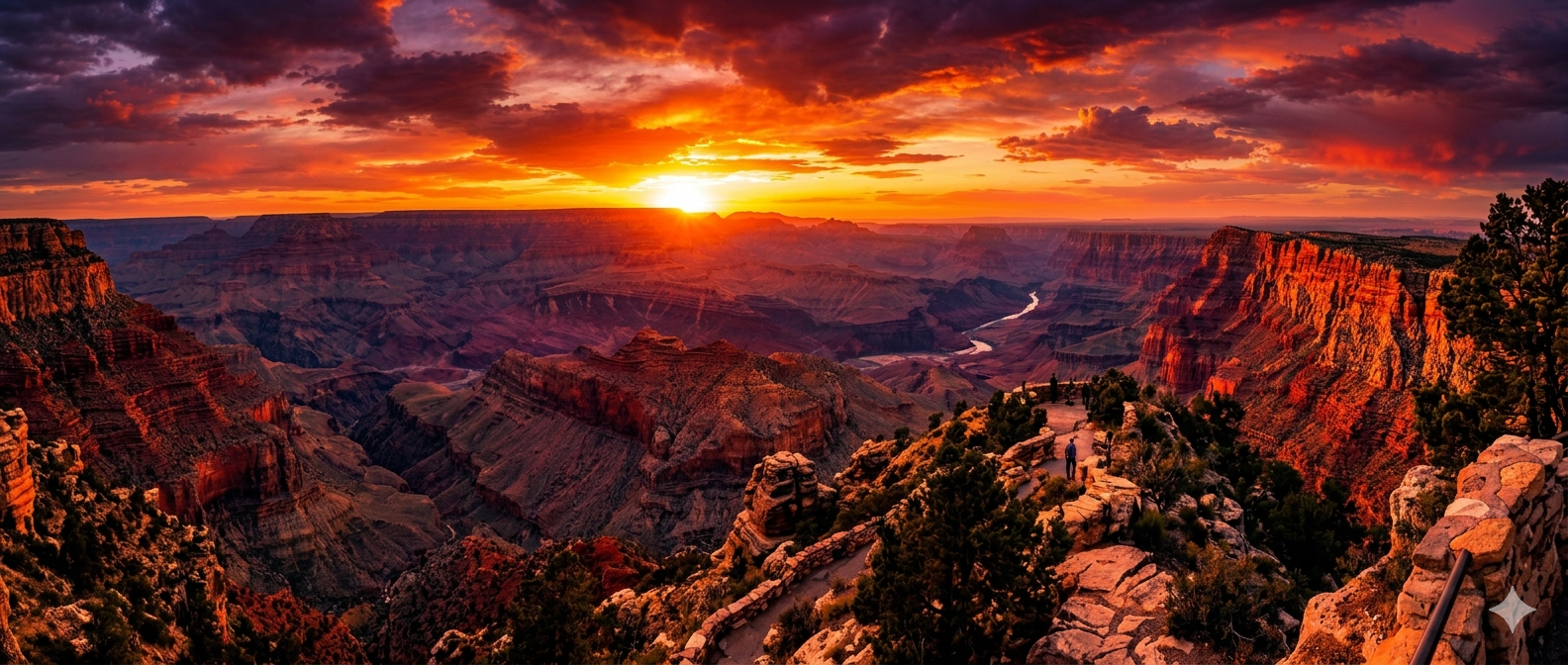 Dramatic sunset over the Grand Canyon layered cliffs